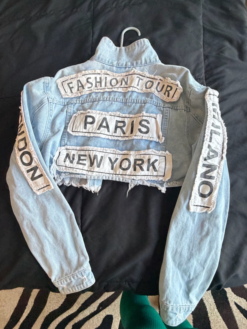 Light Wash Denim Jacket with City Patchwork - Paris New York Milano London